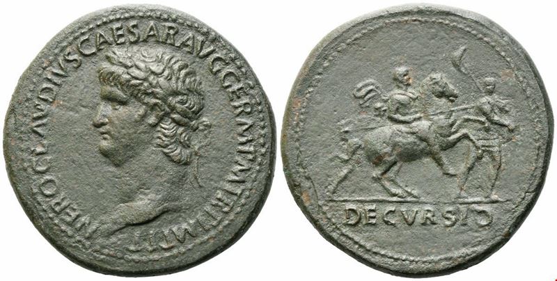 Nero, Sestertio di Roma (c. 63 d.C.), bronzo (Æ) con testa laureata e cavallo al galoppo