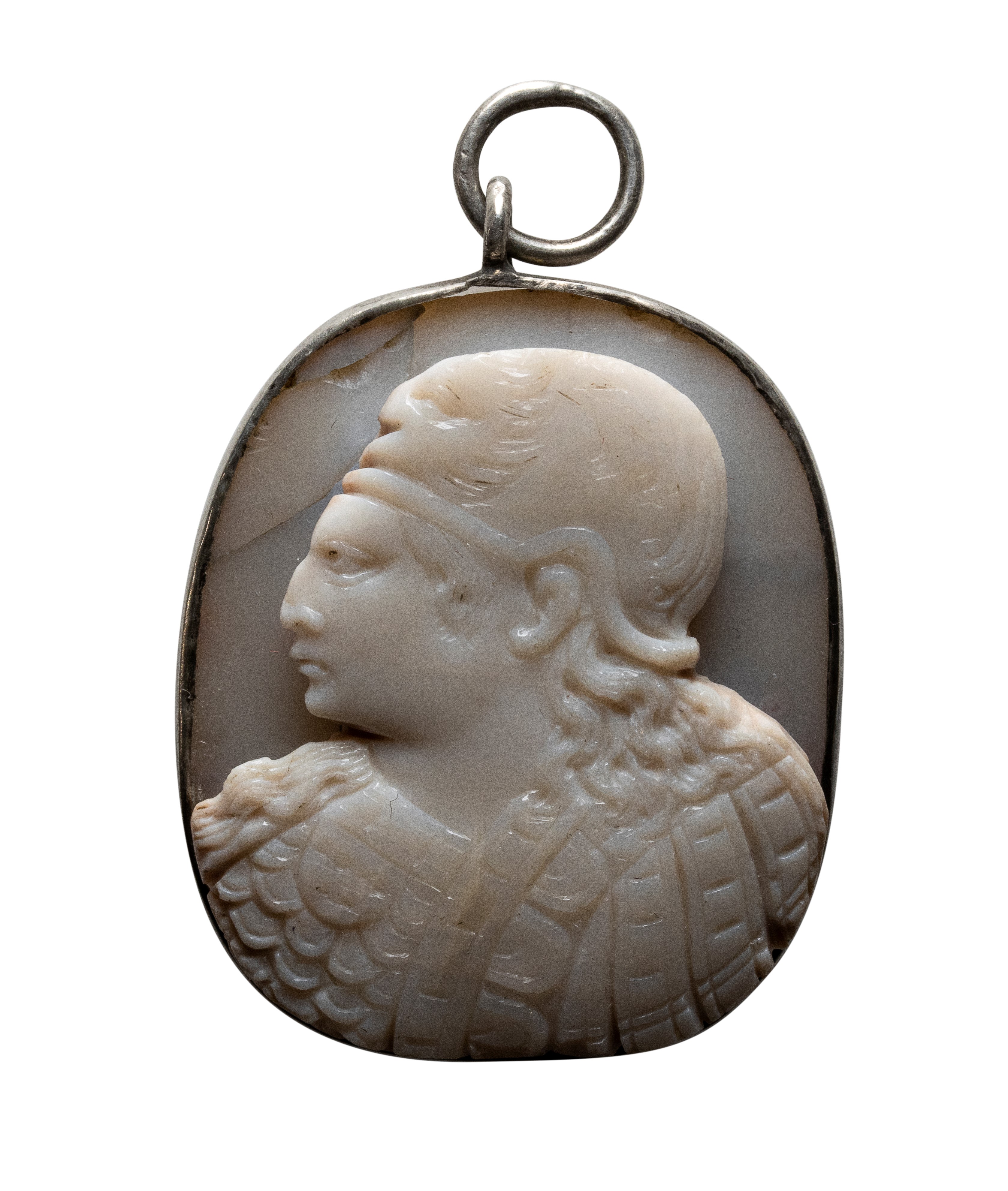A large Late Renaissance agate cameo set in a silver pendant. Bust of Athena.