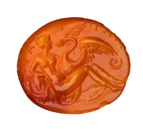 A large Roman  carnelian intaglio. Leda with the swan