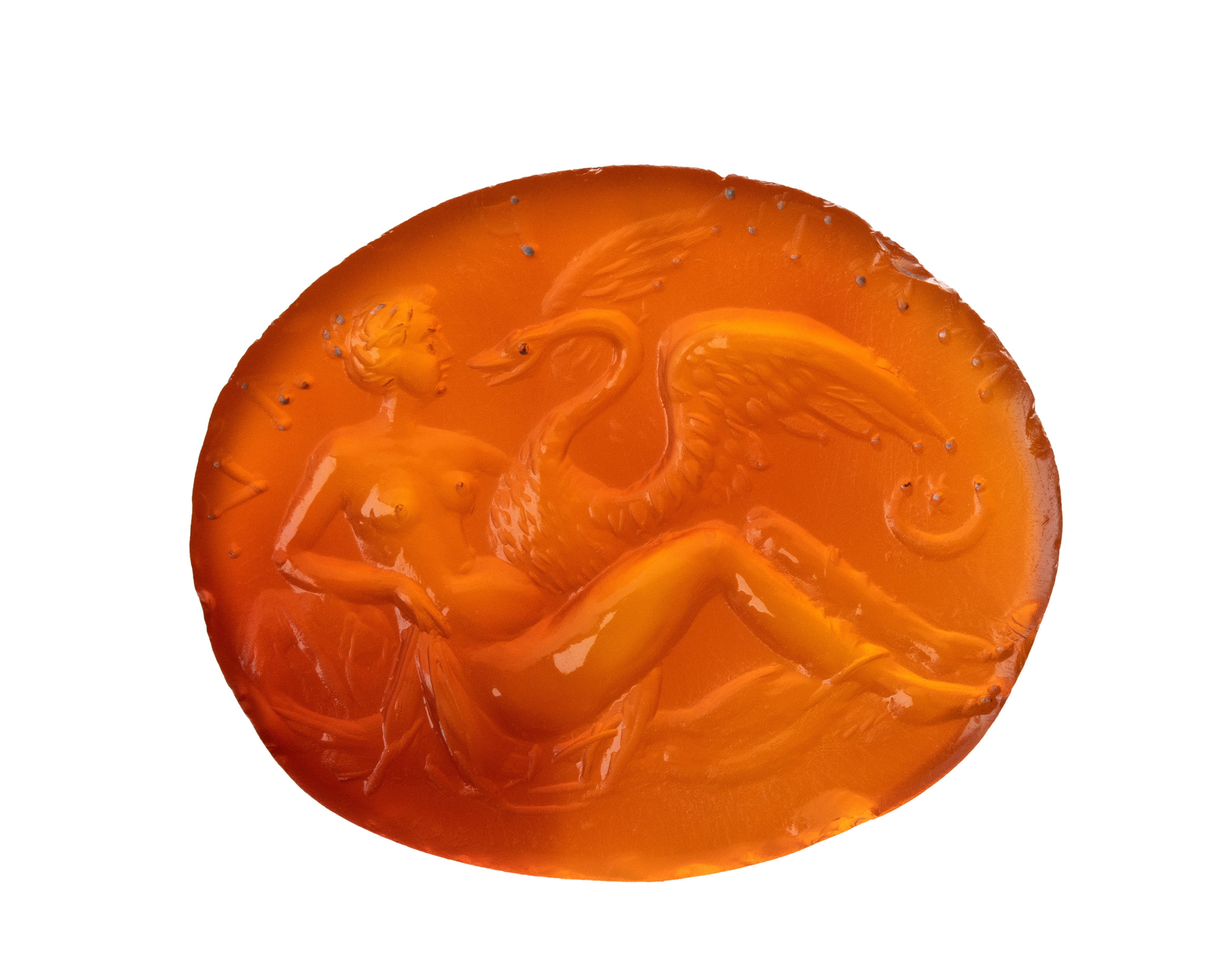A large Roman carnelian intaglio. Leda with the swan