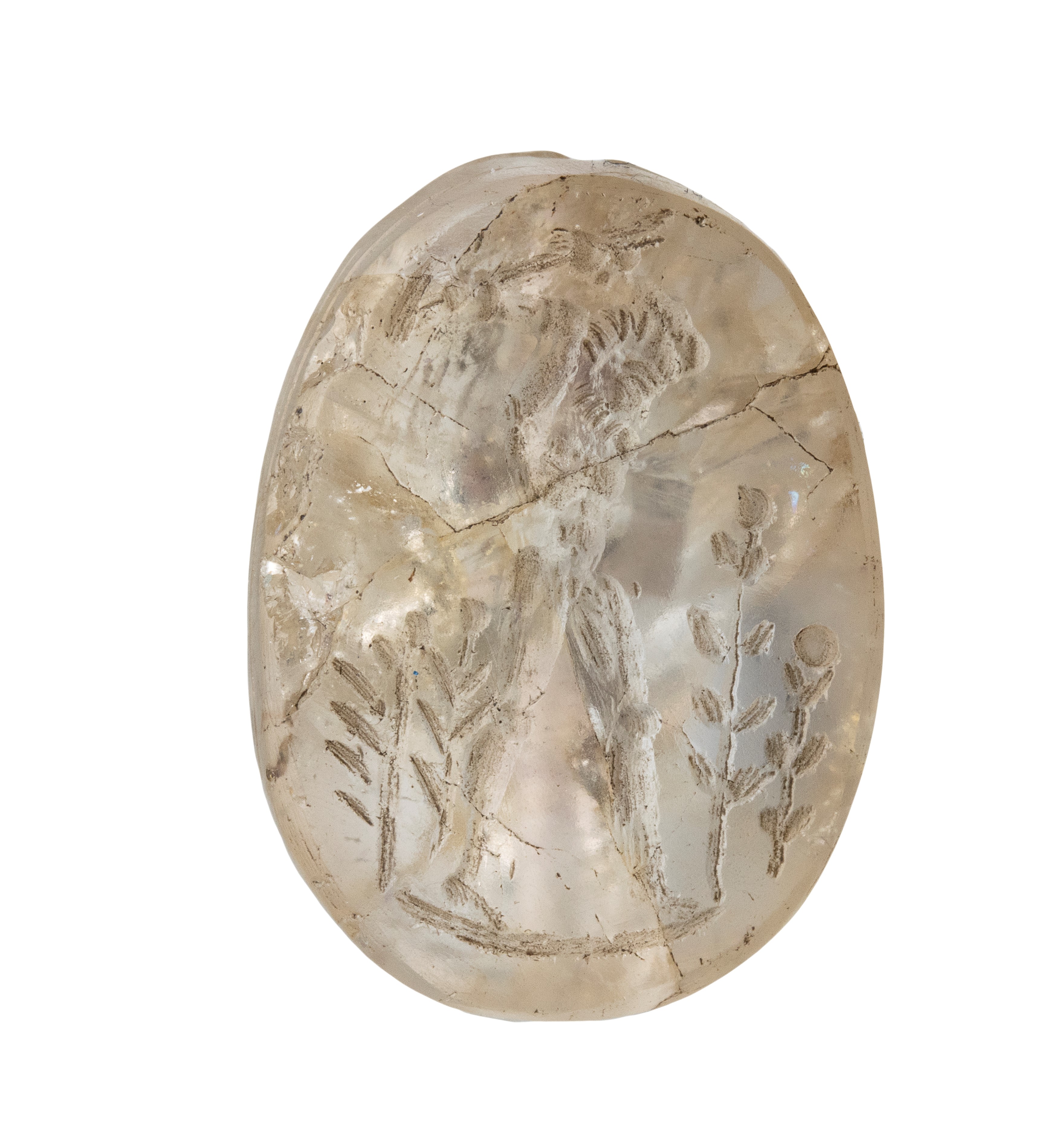 An Egyptian Late Period rock crystal scaraboid engraved in a later period. Rural scene