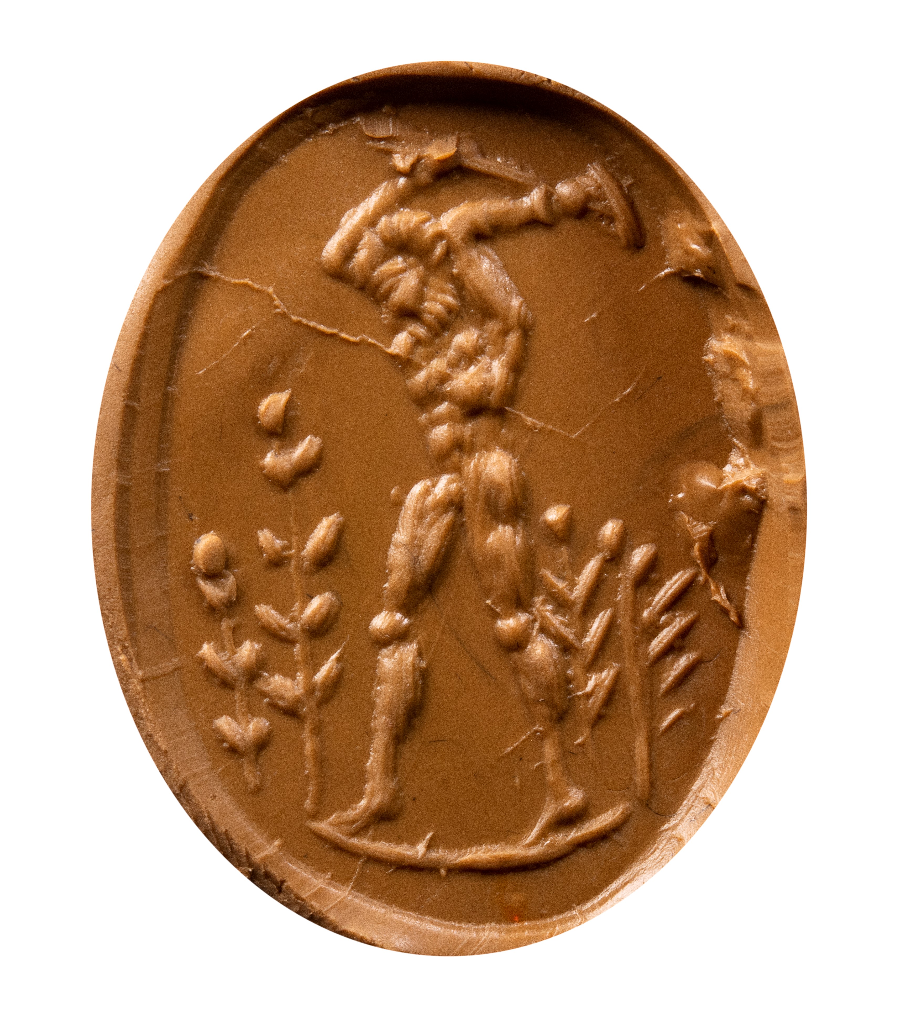 An Egyptian Late Period rock crystal scaraboid engraved in a later period. Rural scene