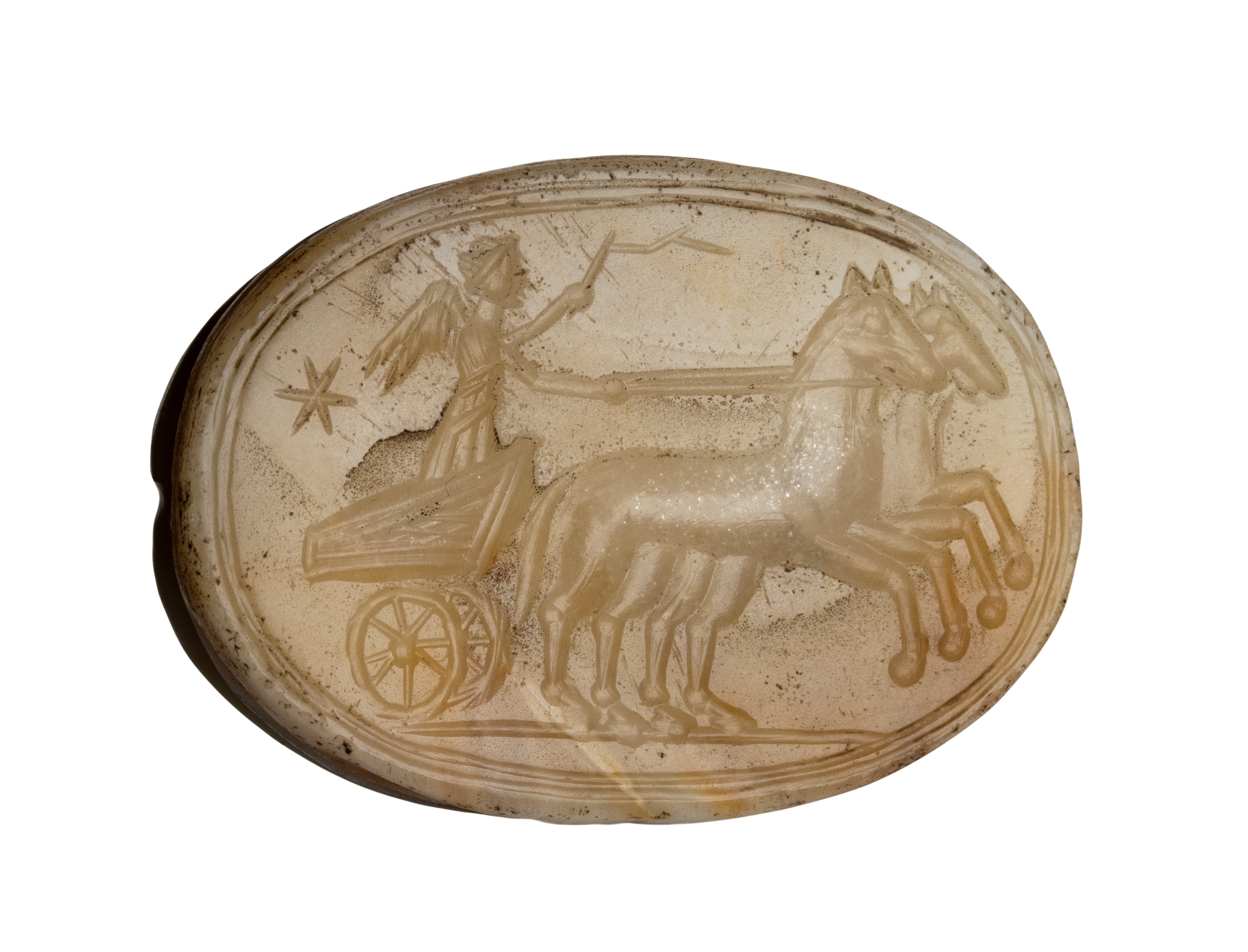 A postclassical Near Eastern agate engraved scarab. Victory on a biga.