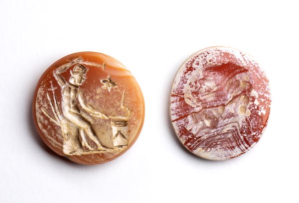 A lot of 2 postclassical burnt agate  intaglios. Various subjects.