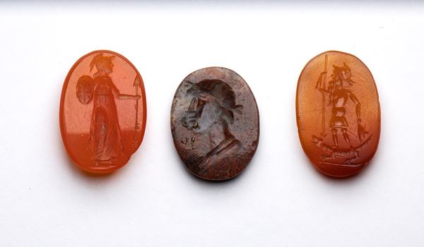 A lot of 3 postclassical  hardstone intagliios. Various subjects.