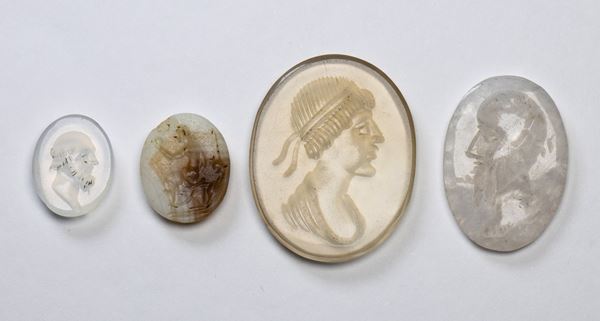 A lot of 4 postclassical hardstone intaglios. Various subjects.
