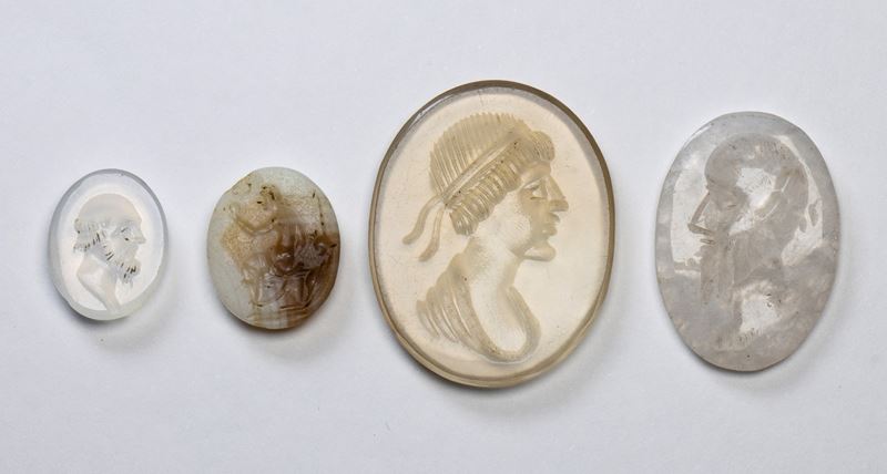 A lot of 4 postclassical hardstone intaglios. Various subjects.