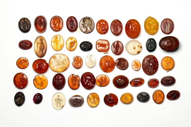 A lot of 50 hardstone intaglios. Various subjects.