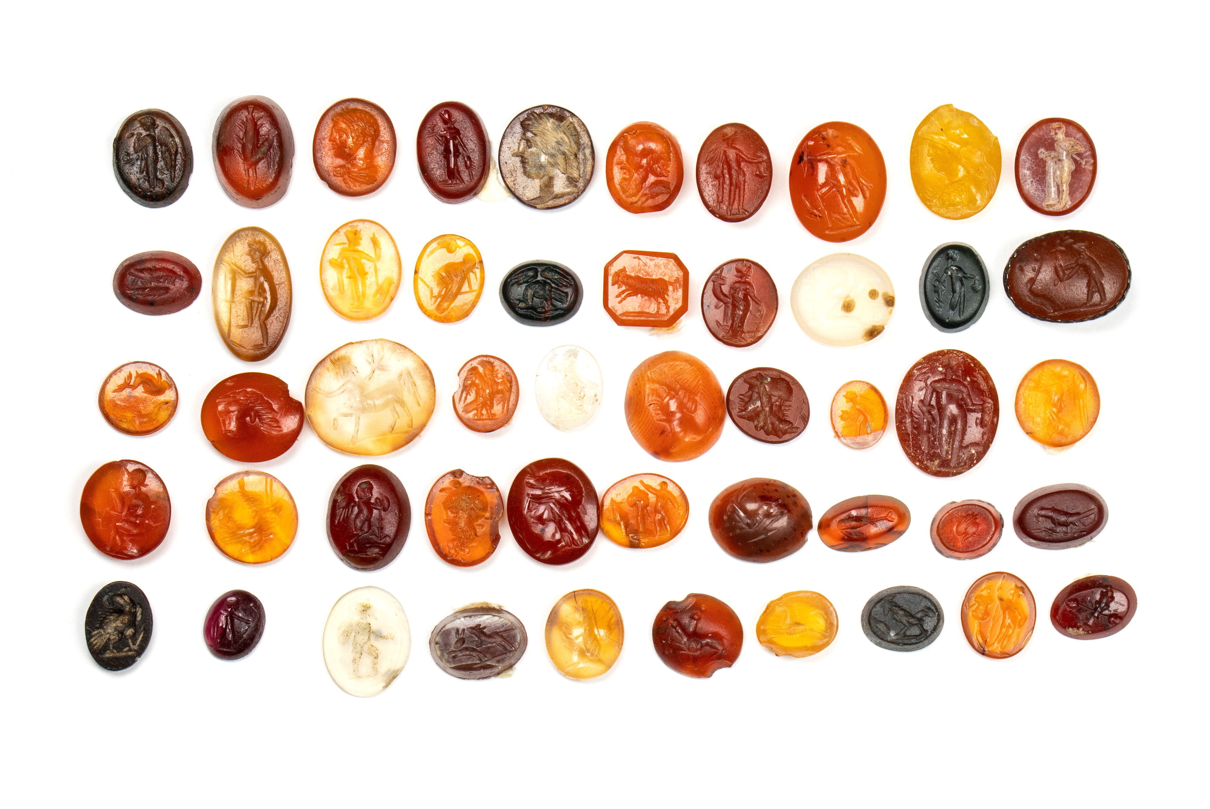 A lot of 50 hardstone intaglios. Various subjects.