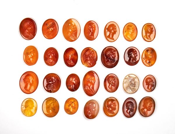 Lot of 28 postclassical carnelian and agate intaglios. Various bust portraits.