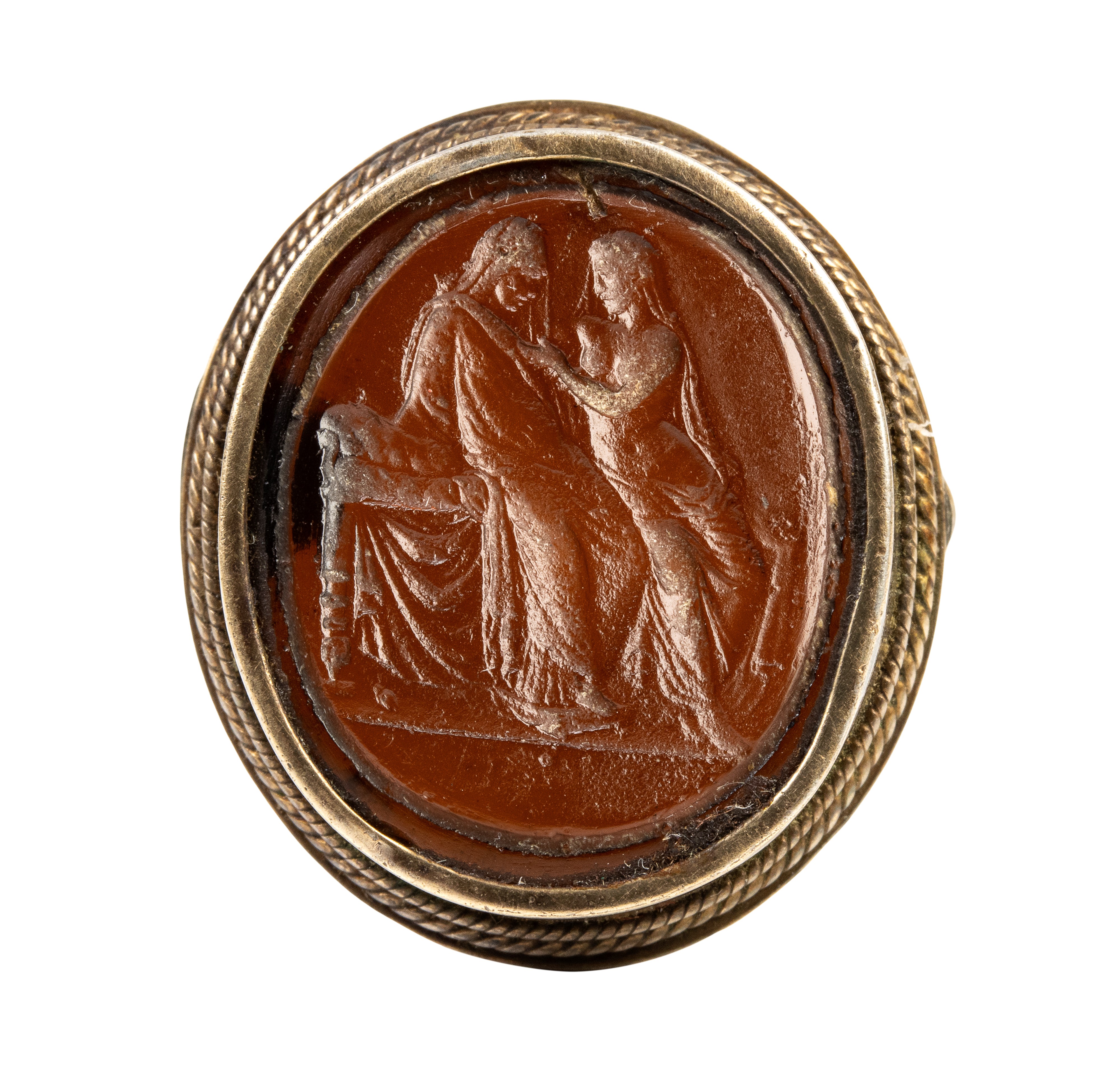 A Grand tour glass cast impression set in a gilted siver brooch. Two figures