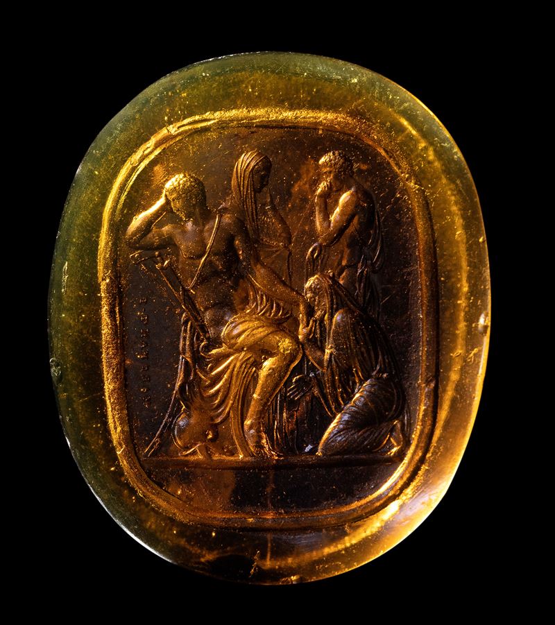 A Grand Tour dark brown glass cast impression. Priam pleads with Achilles.