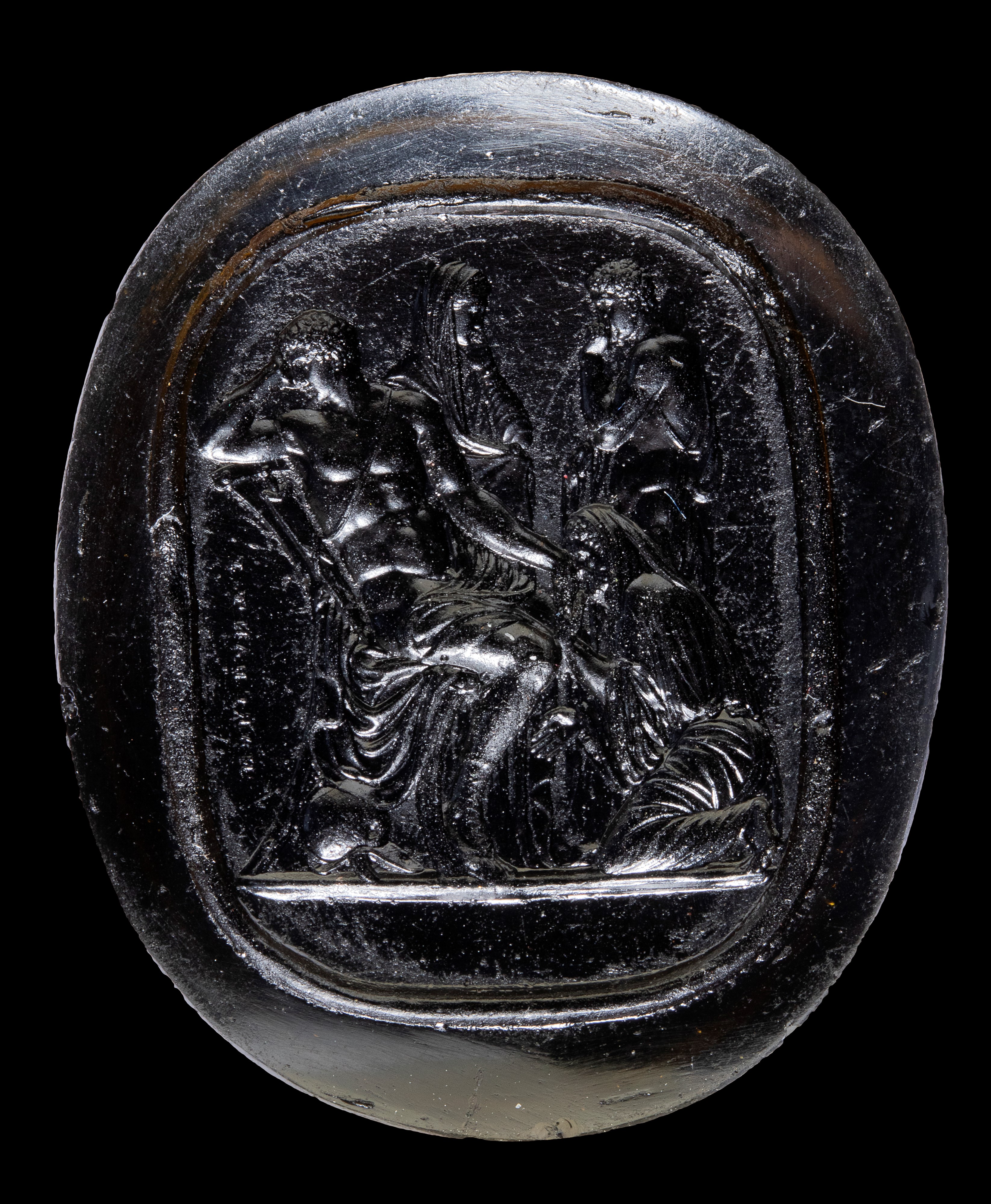 A Grand Tour dark brown glass cast impression. Priam pleads with Achilles.