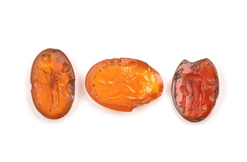 Lot of 3 Roman carnelian intaglios.Various subjects.