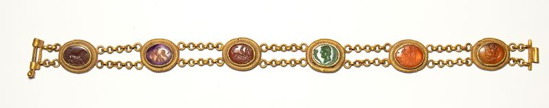 A Roman gold bracelet with six hardstones intaglios. Various subjects.