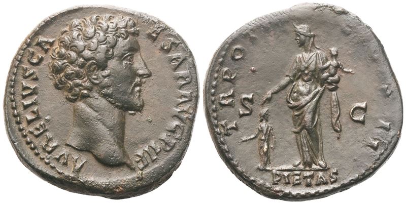 Marcus Aurelius Caesar, Sesterzio (sestertius) coniato sotto Antonino Pio, Roma, 148–149