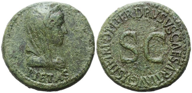 Imperatore Tiberio (AD 22-23), Druso Cesare (AD 19-23): dupondio e moneta in bronzo (Æ) battuti a...