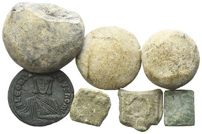 Lot Of 7 Numismatic Items (3 Tokens, 2 Tesserae, 1 Nomisma Square Weight, 1 40 Nummi)