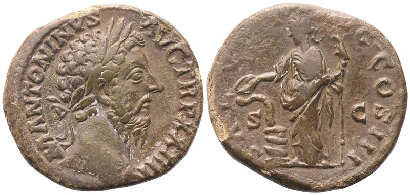 Marco Aurelio (161-180), Sestertzio (Æ) con testa laureata e scena di Salus