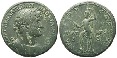 Hadrian (117–138), Sestertius romano, busto laureato e corazzato (121–122); Æ
