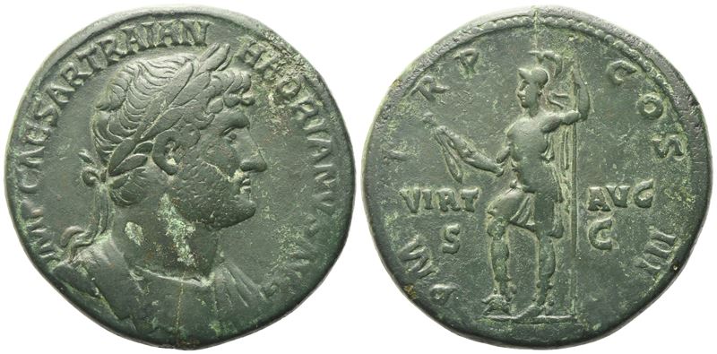 Hadrian (117–138), Sestertius romano, busto laureato e corazzato (121–122); Æ