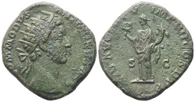 Commodus (177–192), Dupondius di Roma, 180 d.C., testa radiata; Liber. VIII, LIB AVG con Liberali...