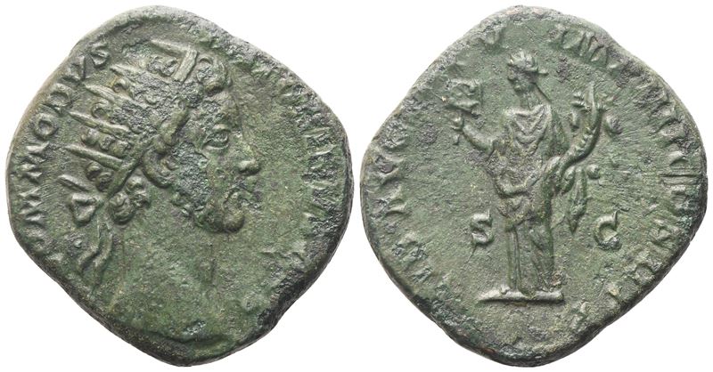 Commodus (177–192), Dupondius di Roma, 180 d.C., testa radiata; Liber. VIII, LIB AVG con Liberali...