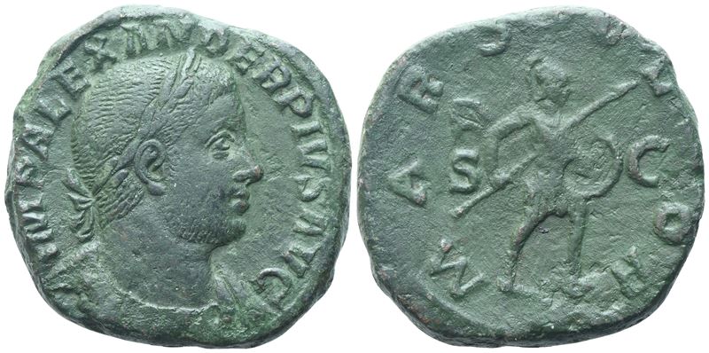 Severus Alexander (222-235), Sestertius di Roma, 232 d.C., bronzo (Æ) con busto laureato e Marte ...