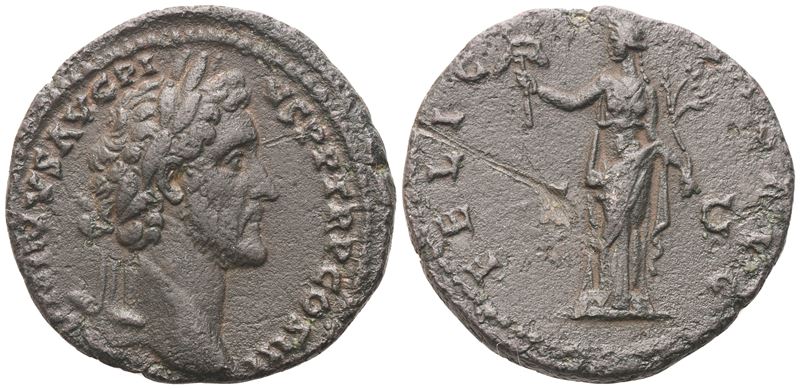 Antoninus Pius, As con testa laureata al diritto e Felicitas con capricorno al rovescio (Roma, 14...