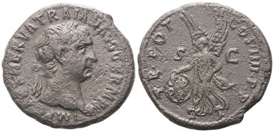 Traiano (98–117), As di Roma, bronzo Æ con busto laureato e Vittoria avanzante