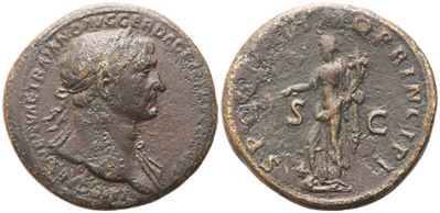Traiano (98–117), Sestertzio (o Æ) con testa laureata a destra e Pax con ramo d’ulivo, Roma 104