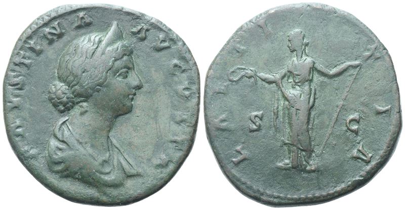 Faustina II Augusta, Sestertius in bronzo battuto sotto Marco Aurelio, Roma (161–164 d.C.)