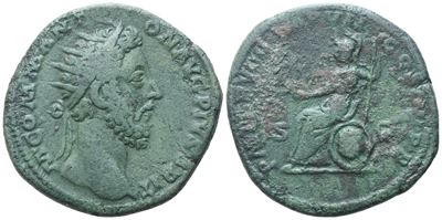 Commodus, Dupondius (184 d.C.), Testa radiata e Roma seduta su scudo