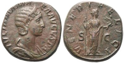 Giulia Mamaea, Sesterzio con busto diademato e drappeggiato (c. Severus Alexander), Roma, 224 d.C...