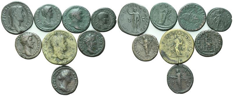 Collezione di otto monete imperiali romane in Æ (rame/leghe), lotto