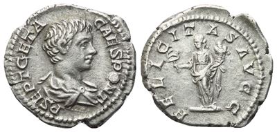 Geta, Denario romano (200-205 d.C.) con rovescio Felicitas Augg, coniato a Roma