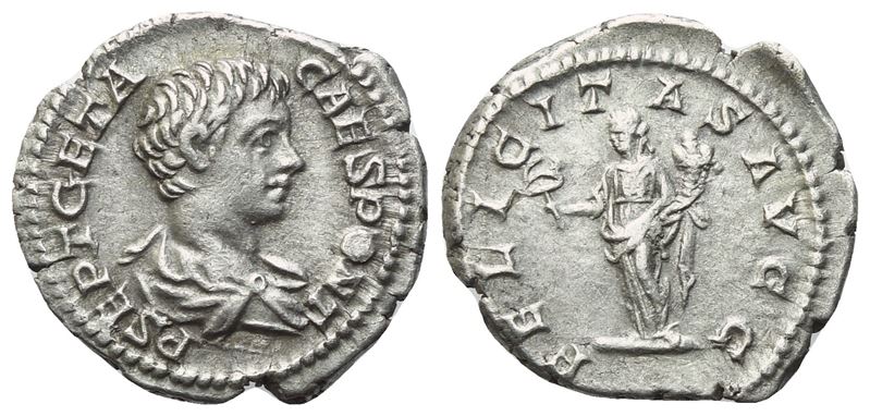 Geta, Denario romano (200-205 d.C.) con rovescio Felicitas Augg, coniato a Roma