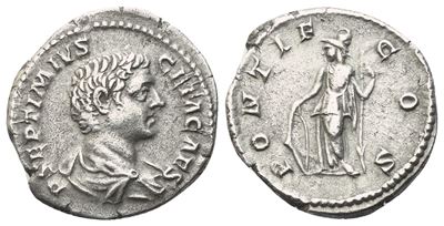 Geta, Denario con busto laureato/privo di elmo e Minerva stante, Roma (203-208 circa)
