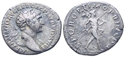 Traiano (98–117), Denario romano, testa laureata a destra e Marte che avanza