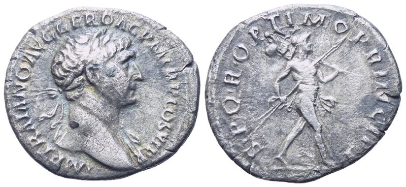 Traiano (98–117), Denario romano, testa laureata a destra e Marte che avanza