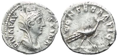Anonimo, Denario con busto velato di Diva Faustina (post 141), Roma