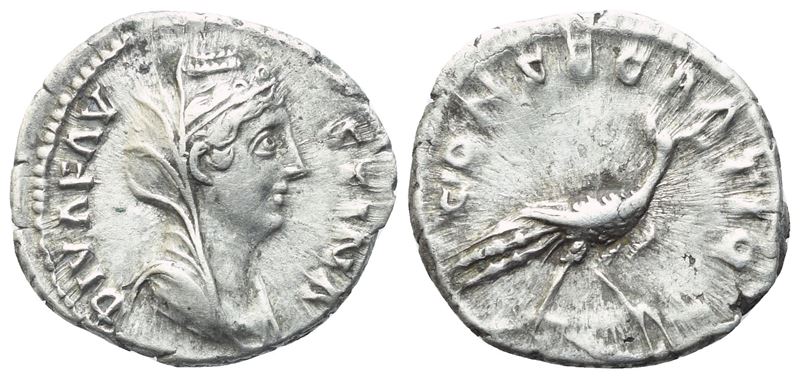 Anonimo, Denario con busto velato di Diva Faustina (post 141), Roma