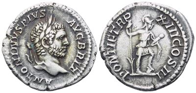 Severus, Denario romano "Caracalla" (198–217), con Virtus