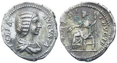 Julia Domna, Denario con busto drappeggiato; Ceres con fiaccola e spighe, zecca di Roma (196-211 ...