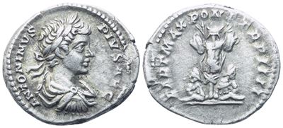 Antonino Pio, Denario (ROMA), 201 d.C., busto laureato e corazza, rovescio con trofeo e due prigi...