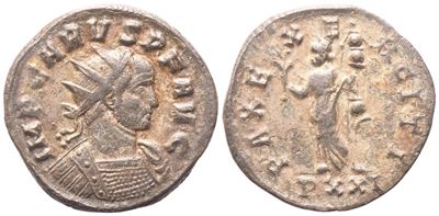 Carus (282–283), Antoniniano, Ticinum, diritto IMP CARVS P F AVG e rovescio PAX EXERCITI