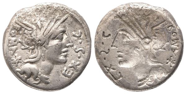 M. Sergius Silus, Brockage Denarius, 116-115 BC; AR (3,74 g; 16,3 mm; 12 h)