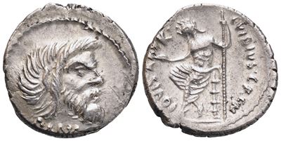 C. Vibius Pansa Caetronianus, Denario repubblicano con Giove seduto e simboli consolari (48 a.C.)