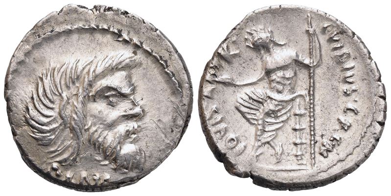 C. Vibius Pansa Caetronianus, Denario repubblicano con Giove seduto e simboli consolari (48 a.C.)