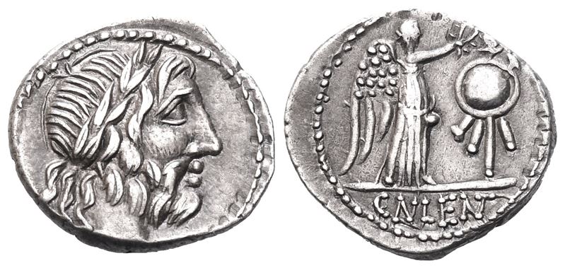 Cn. Cornelius Lentulus Clodianus, Quinarius, 88 BC; AR (1,74 g; 14,6 mm; 5 h)